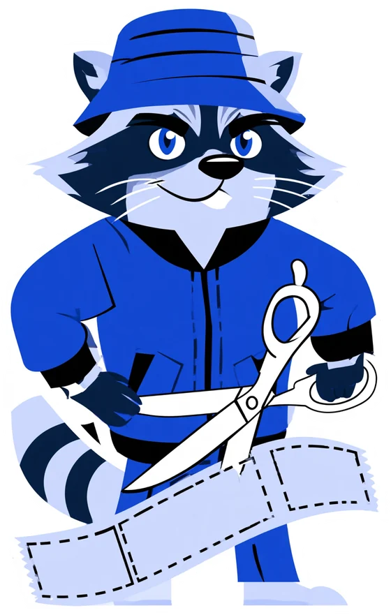 Mascotte Boonbuy Coupons : un raton laveur qui découpe un coupon avec des ciseaux